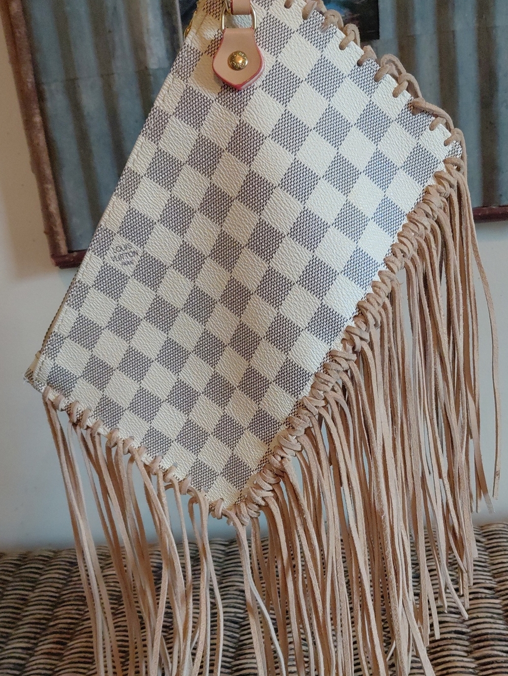 Repurposed Damier Azur Fringed Pouch/Wristlet